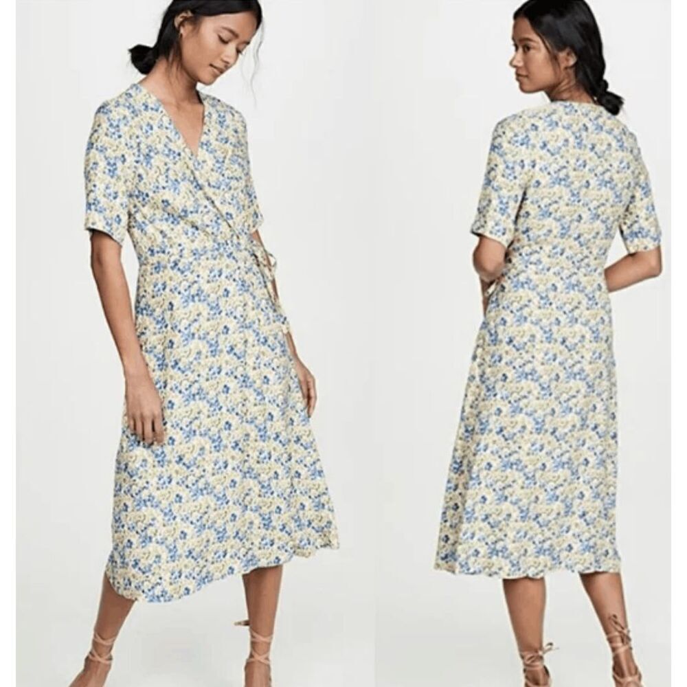 A.P.C. Mathilda Floral Midi Dress Blue Yellow Wrap Front Tie Waist‎ Size 6 (38)
